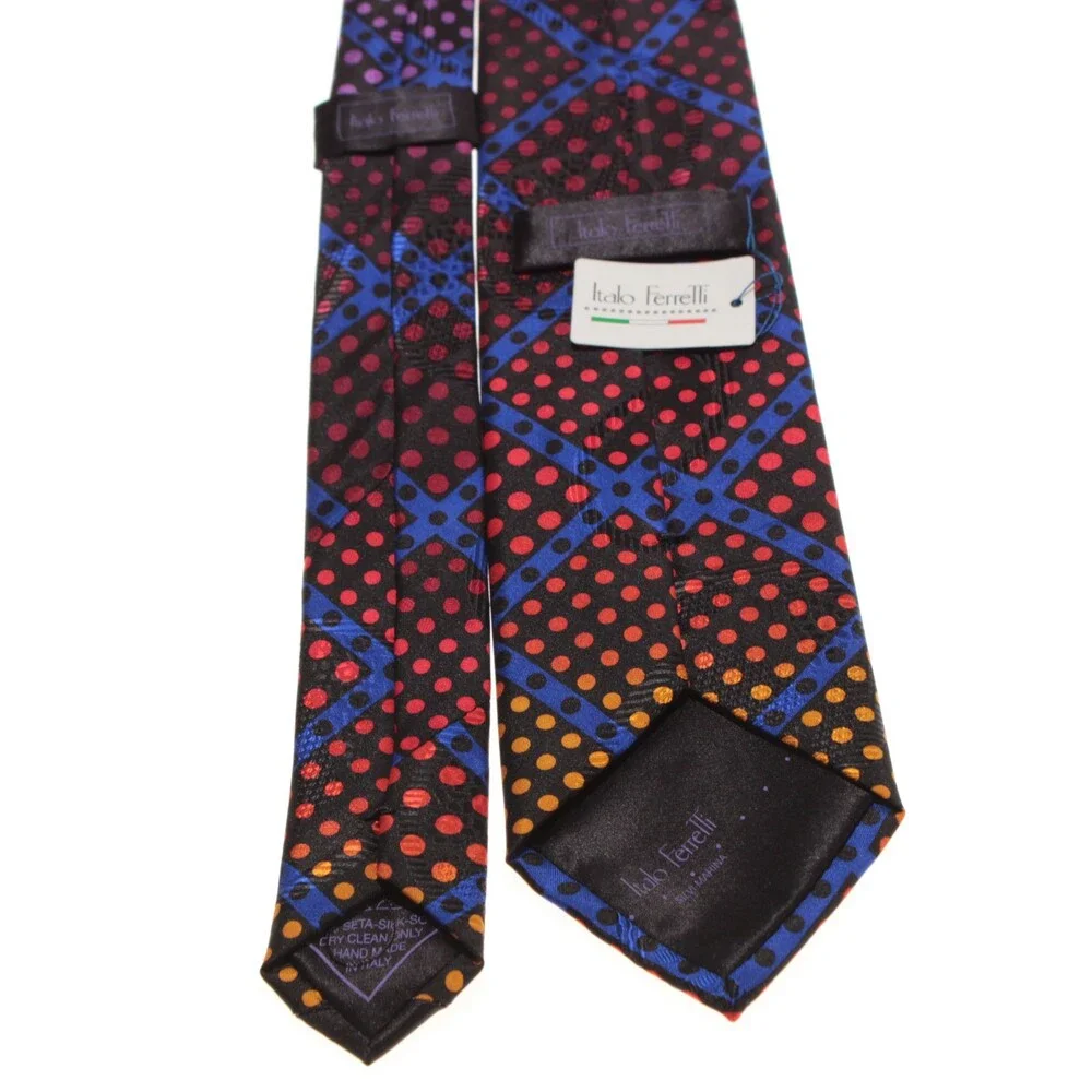 Italo Ferretti NWT Neck Tie in Black with Multicolor Polka Dots 100% Silk